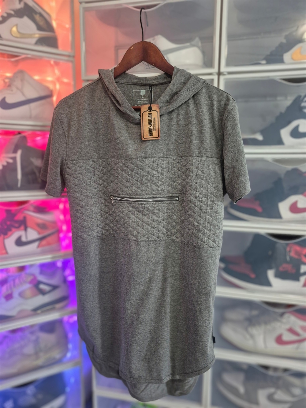 NWT Henry & William Grey Quilted Short Sleeve Longline Hoodie - LRG